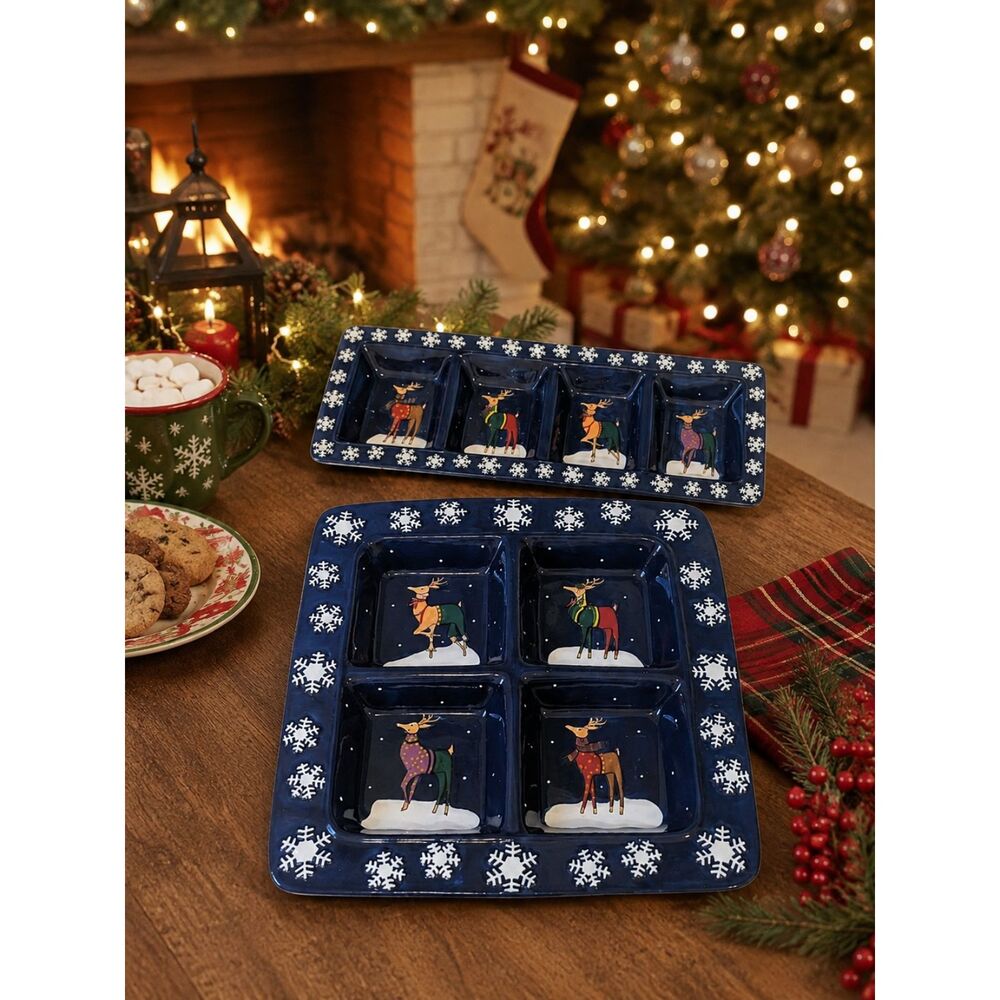 Rebecca Ruegger CIC Reindeer Serving Platters Blue Christmas Theme Set of 2